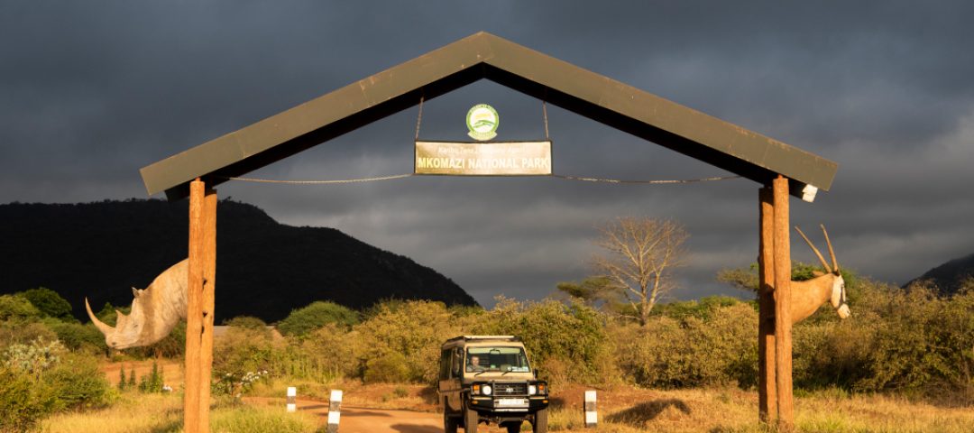 Safari vehicle at the entrance gate, Mkomazi National Park, Tanzania